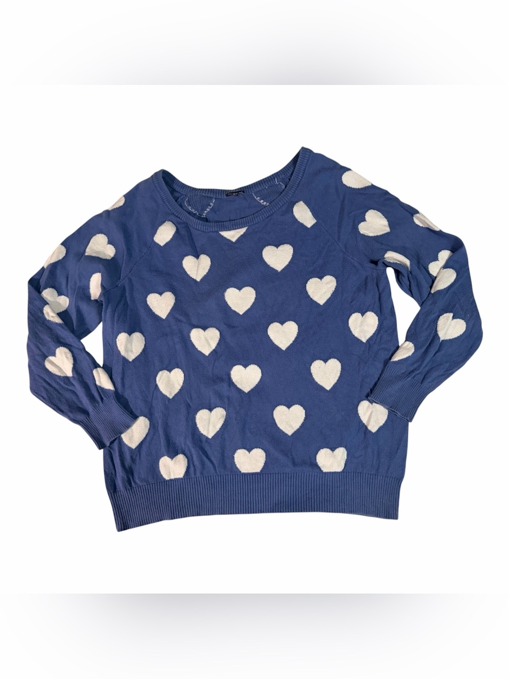 Torrid Dark Baby Blue Periwinkle Wide Crew Neck Heart Pattern Cotton Sweater